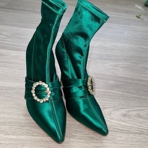 RAYE green satin booties 7.5
